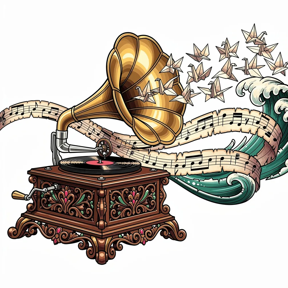 A neo-traditional gramophone with a gleaming brass horn that unfurls into cascading folded paper cranes entwined with swirling musical notes and torn sheet-music edges
