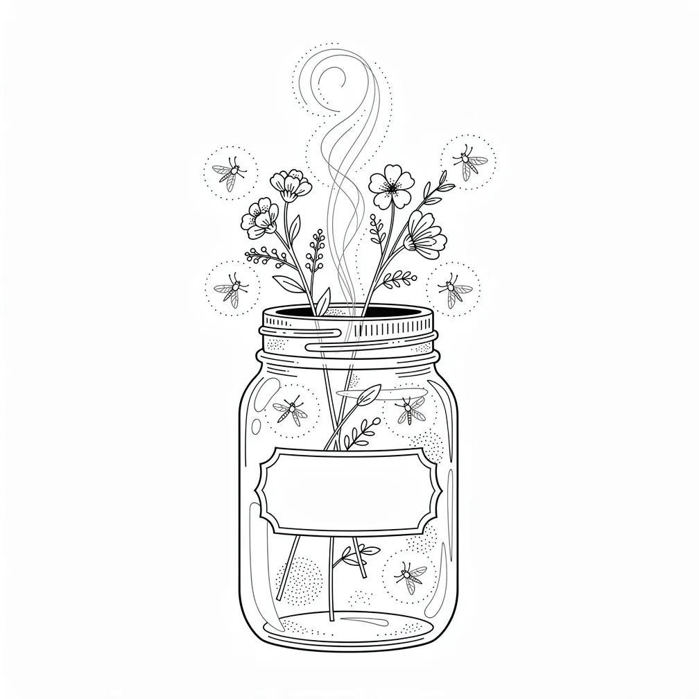 A fine-line jar filled with fireflies and wildflowers, lid ajar with light escaping and a hand-lettered label.