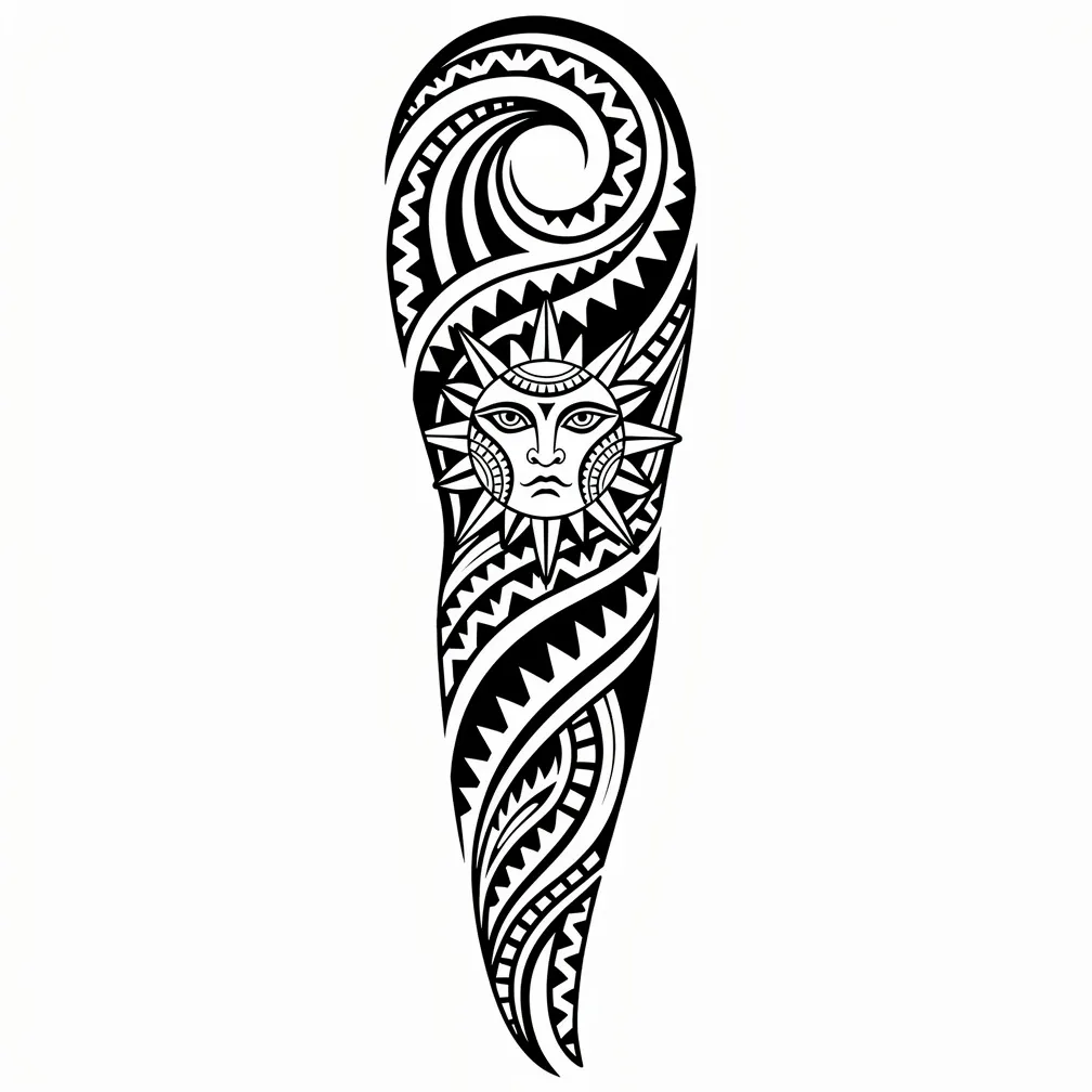 Un diseño tribal polinesio de manga completa con olas oceánicas fluidas, motivos repetidos de dientes de tiburón y símbolos solares, plasmados en audaces patrones geométricos negros.