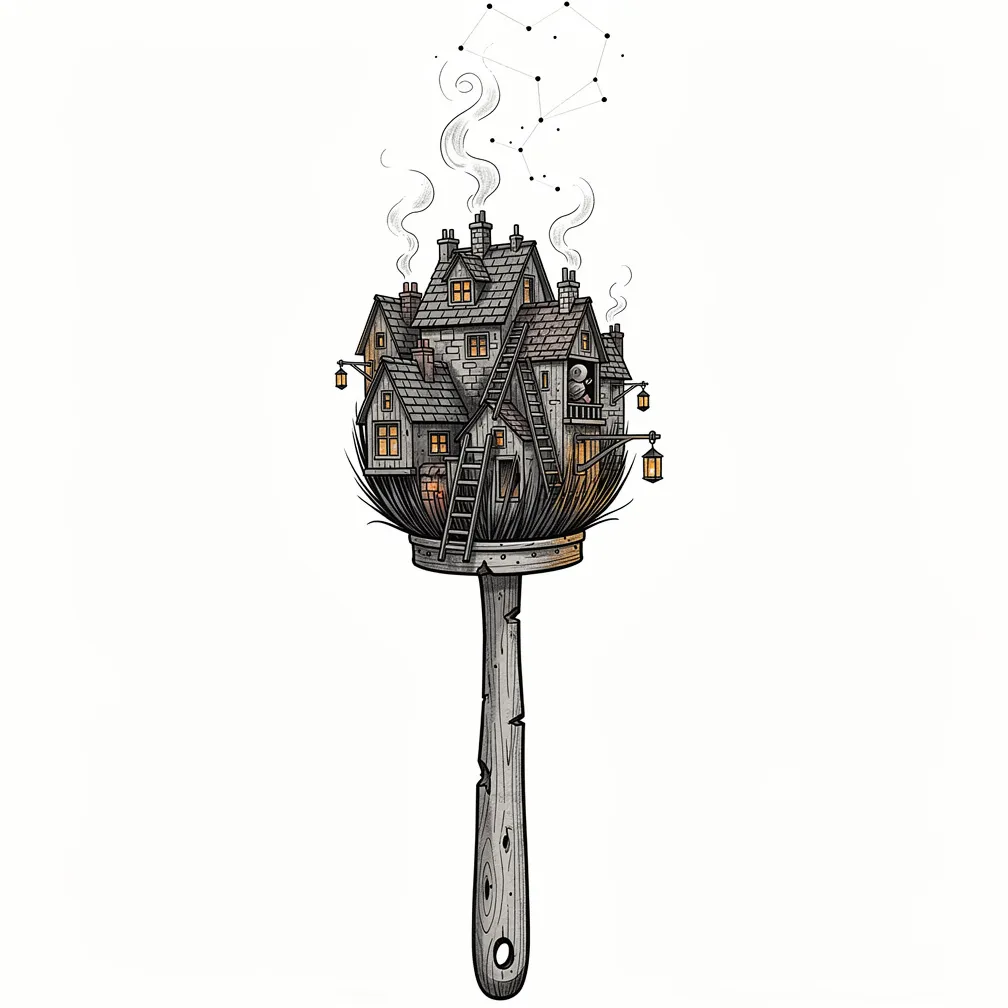 Un cepillo de deshollinador ilustrativo y ajado, sostenido en vertical, con las cerdas cubiertas de hollín formando una aldea de tejados iluminada por faroles, mientras el humo se enrosca y se eleva,变