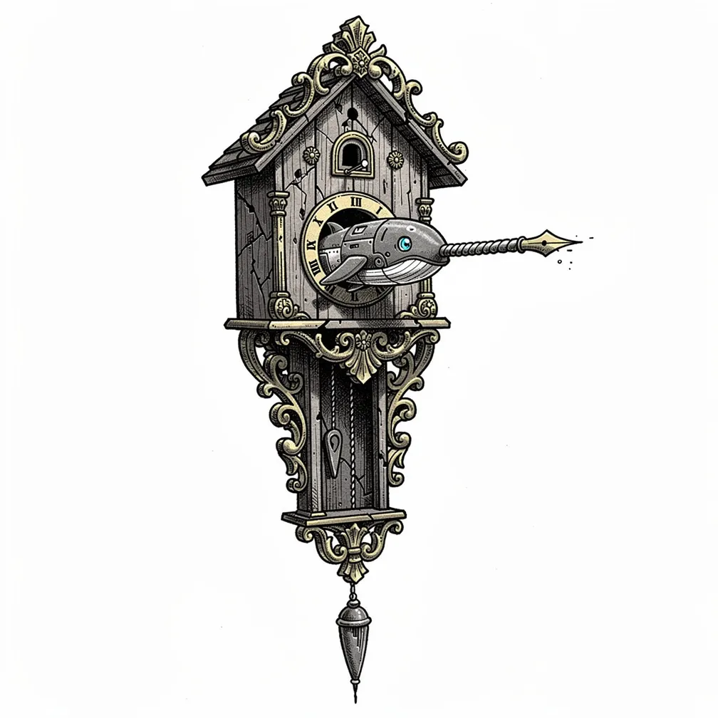 An illustrative ornate vintage cuckoo clock with carved case and pendulum, featuring a tiny mechanical narwhal emerging from the door with a calligraphy-pen tusk.