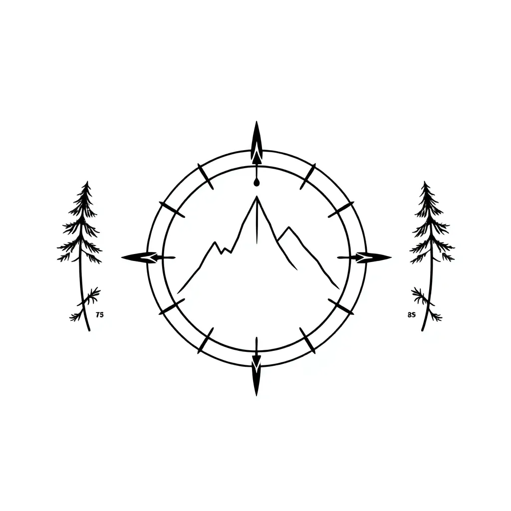 Minimalist compass containing a simple mountain silhouette, flanked by pine trees, with the needle pointing north toward a small guiding star.