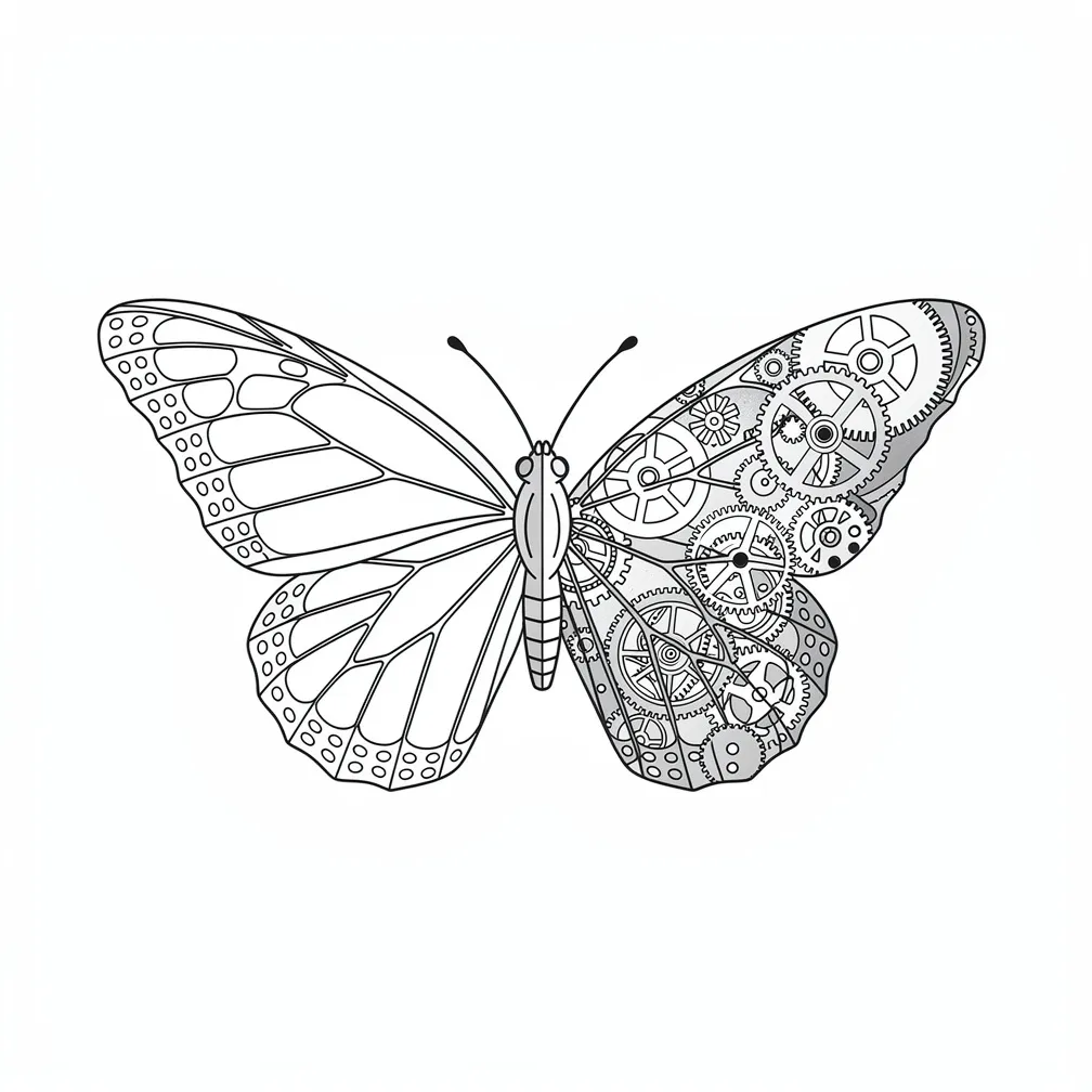 A fine-line monarch butterfly with one wing morphing into intricate clockwork gears and mechanical parts.