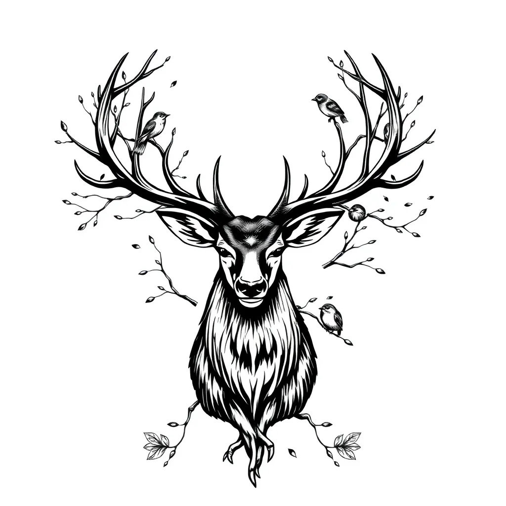 Un ciervo majestuoso en blackwork, con una cornamenta elaborada formada por ramas de árbol entrelazadas y pequeños pájaros anidando entre las ramas.