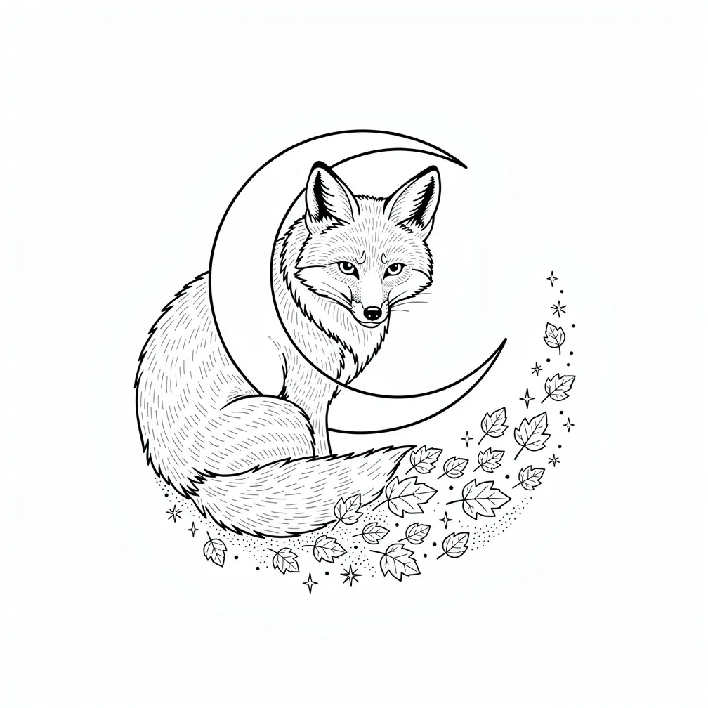 A fine-line fox curled around a crescent moon, with its tail dissolving into scattered autumn leaves and tiny stars.