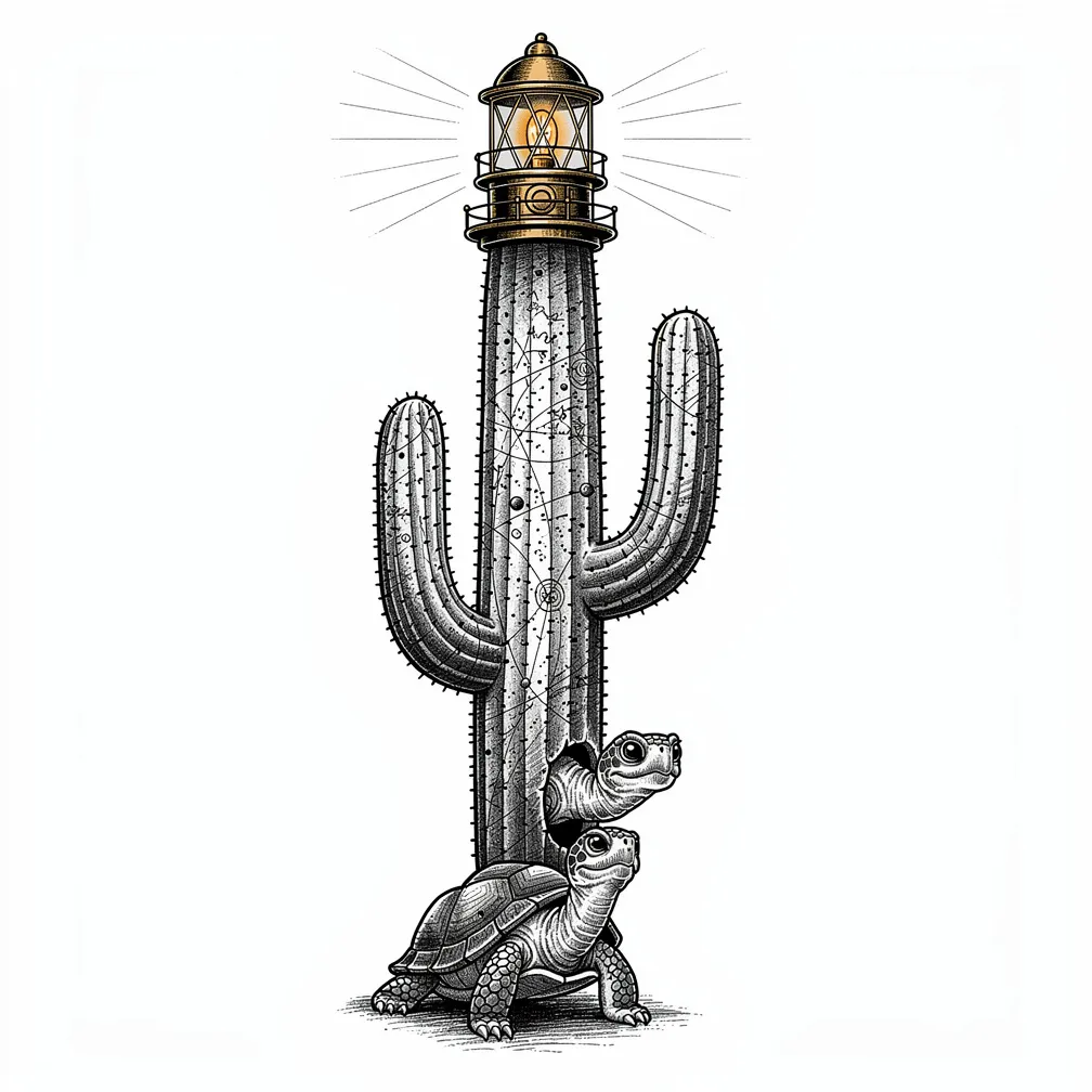 Un saguaro botànic antic i il·lustratiu amb mapes planetaris gravats, coronat per un fanal de llautó de far que brilla amb calidesa, amb una petita tortuga del desert traient el cap d’una esquerda.