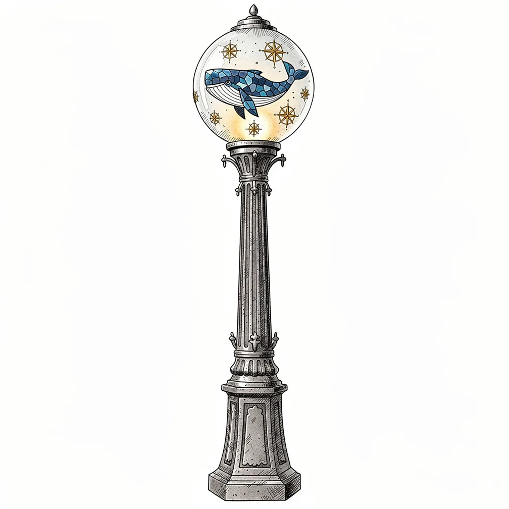 An illustrative vintage cast-iron streetlamp with a frosted globe holding a miniature stained-glass blue whale swimming among tiny gilded compass roses, glowing like lamplight.