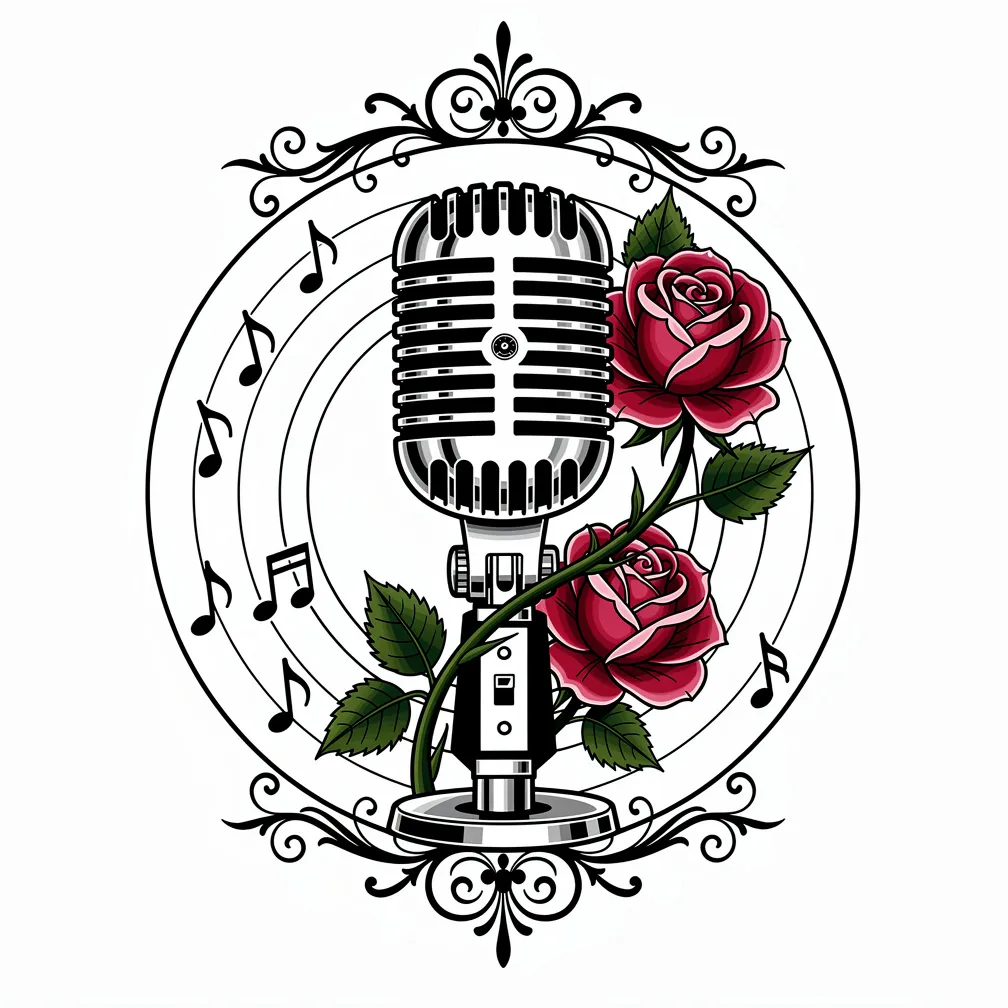 A neo-traditional vintage microphone wrapped in roses and music notes, with concentric sound-wave rings radiating outward.