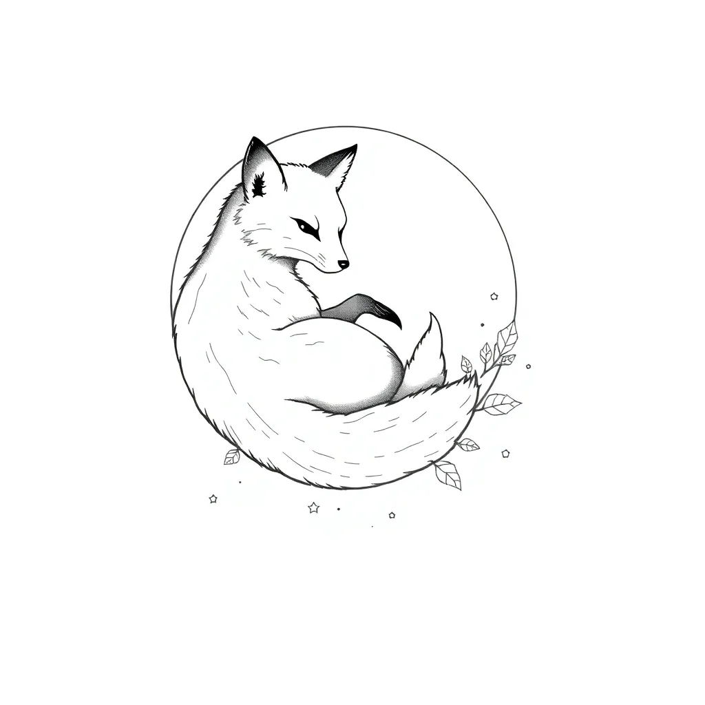 A fine-line fox curled around a crescent moon, its tail dissolving into scattered autumn leaves and tiny stars