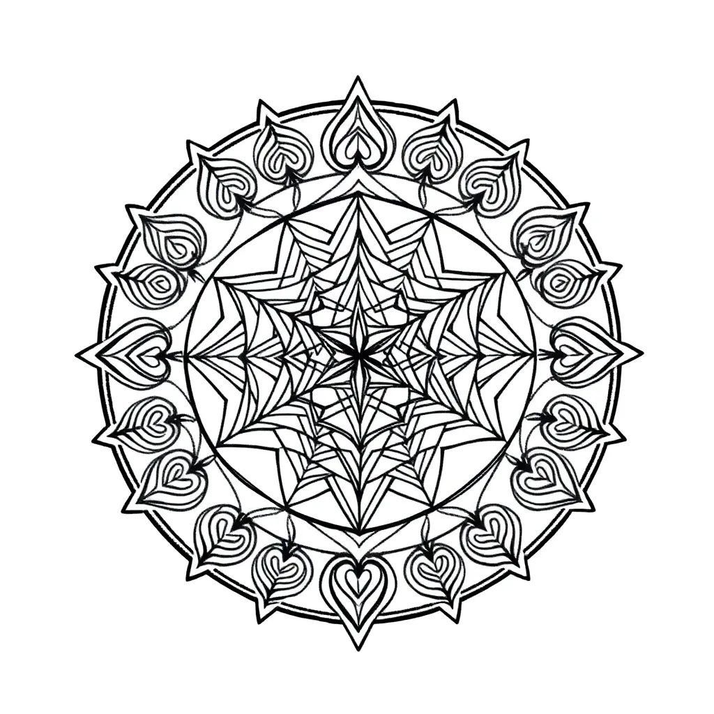 A geometric sacred-geometry mandala: Flower of Life center with Metatron's Cube overlay and radiating golden-ratio spirals in black linework with gold accents.