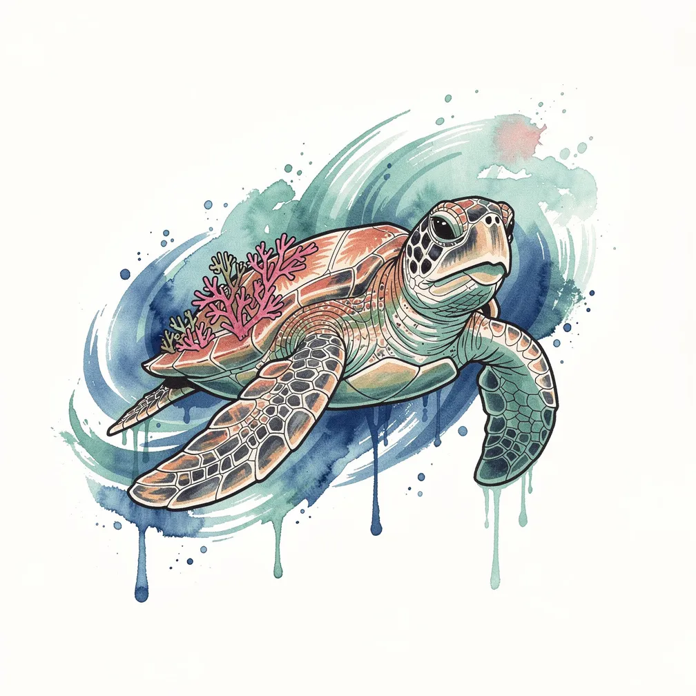 A watercolor sea turtle glides through flowing currents with coral growing on its shell and colorful tropical fish swimming alongside.