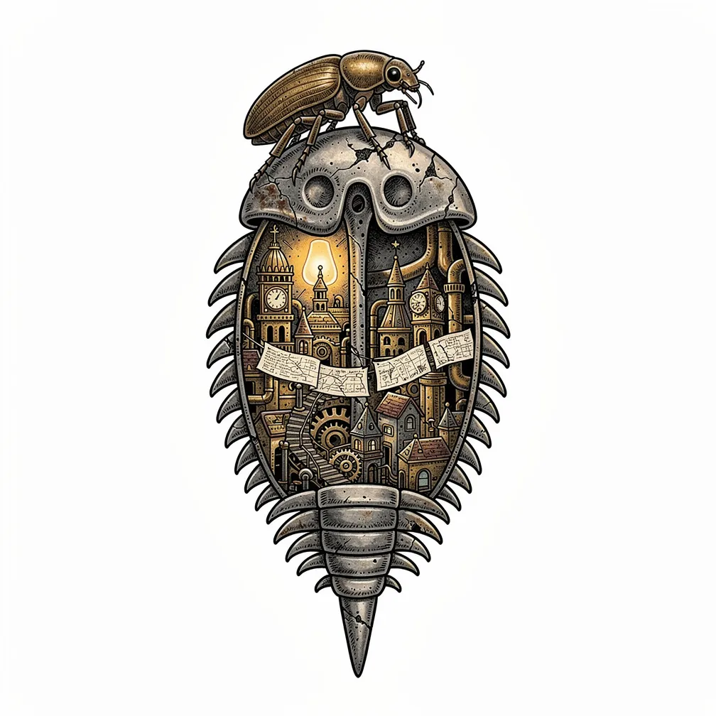Egy illusztratív, fosszilis trilobita kettéhasítva, hogy felfedjen egy lámpafénnyel megvilágított steampunk gőzóra-várost a belsejében, sárgaréz tornyokkal és a tetején ülő kartográfus bogárral.