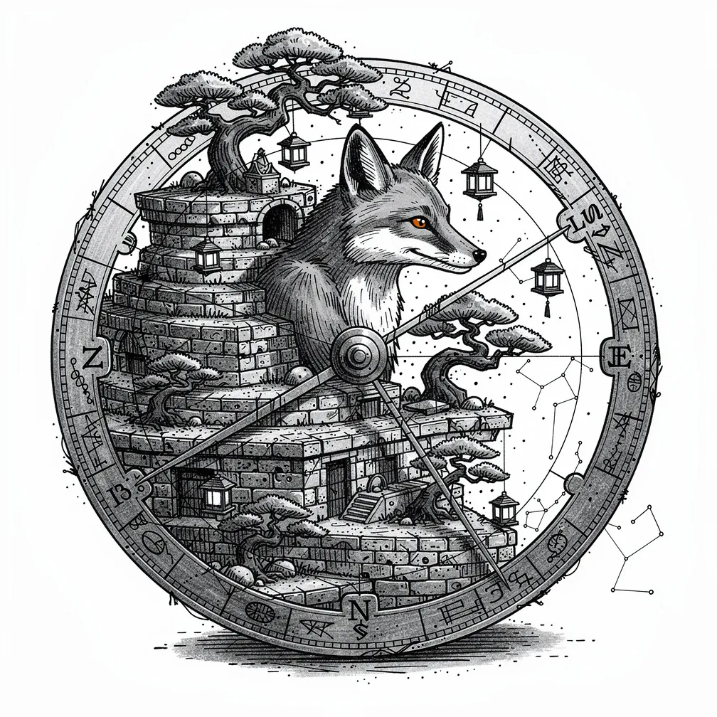 An illustrative astrolabe turned terraced sky-garden, with bonsai pines, hanging lanterns, stitched constellations on the rim, and a curled fox at the central pivot.