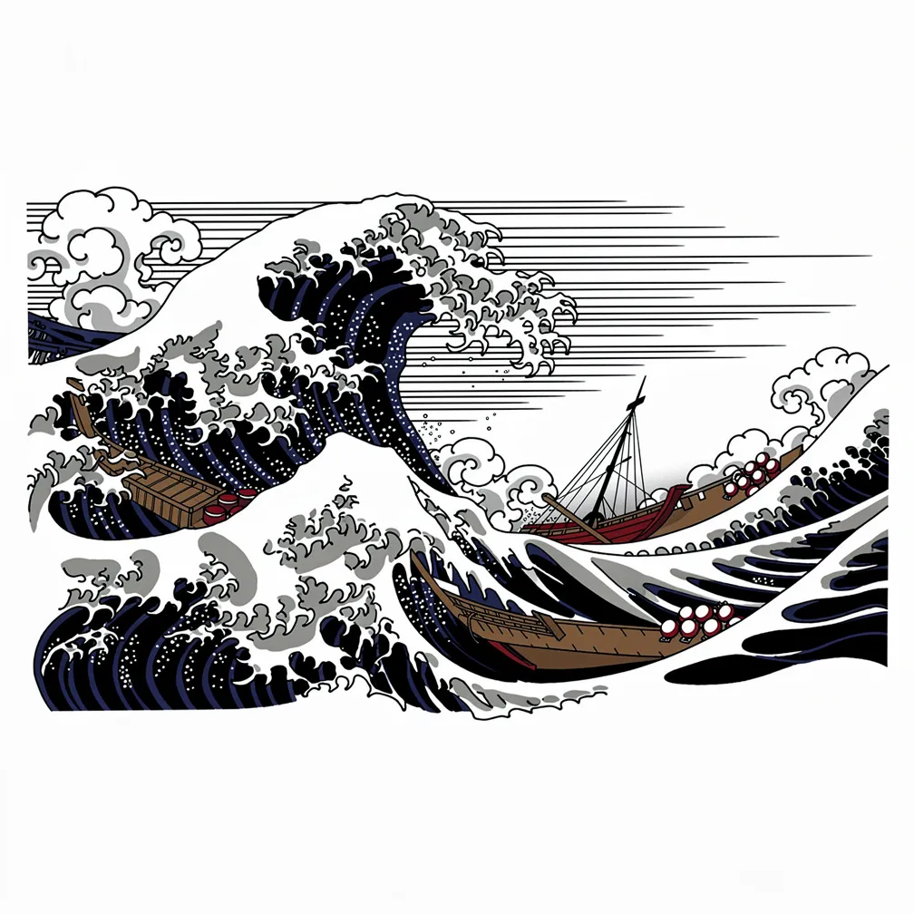 Una gran ola de estilo japonés rompiendo con espuma mientras un velero solitario surfea la cresta bajo un cielo tormentoso, inspirado en el ukiyo-e