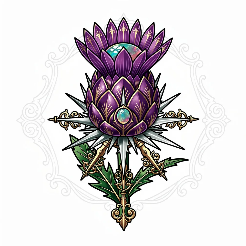 A neo-traditional thistle with silvery spines as brass clock hands, purple stained-glass petals veined in gold, and an opal set in the seed head like a faint heartbeat.
