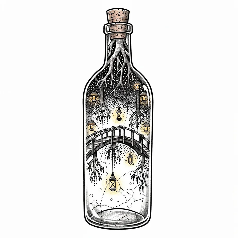 An illustrative corked glass bottle holding an inverted twilight forest with hanging treetops, glowing lantern mushrooms, a small arcing footbridge, and etched maplines on patinaed glass.