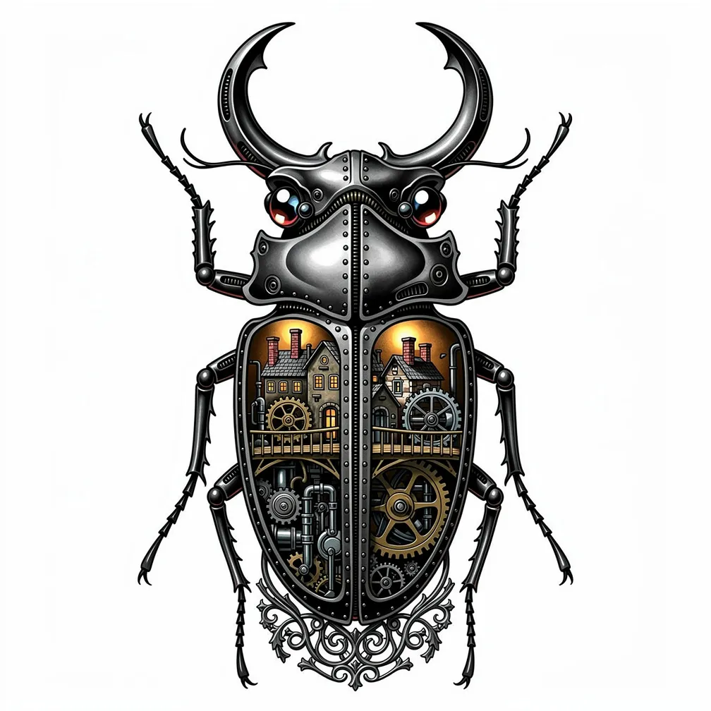 A biomechanical stag beetle with riveted shell split open to reveal a lamp-lit clockwork village with gears, waterwheels, chimneys, and a brass footbridge.