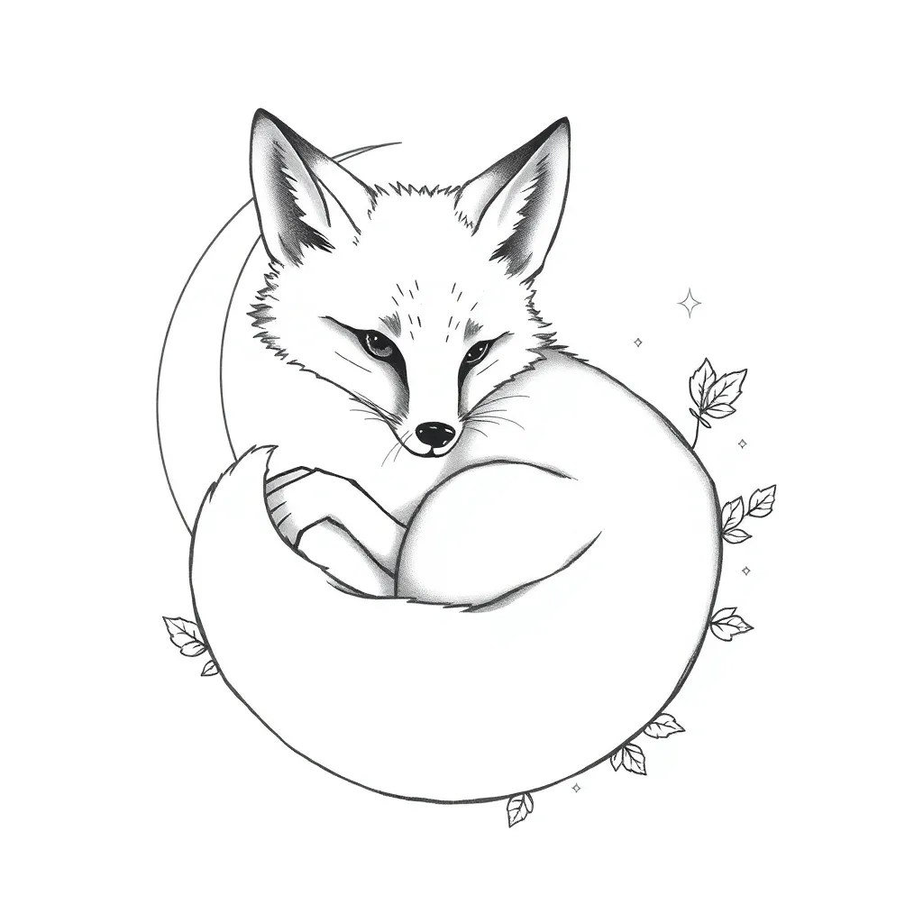 A fine-line fox curled around a crescent moon with its tail dissolving into scattered autumn leaves and tiny stars