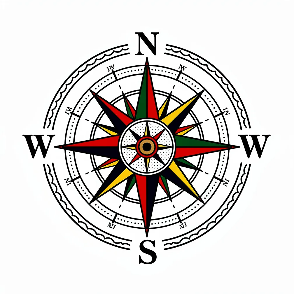 A traditional-style vintage compass rose with ornate cardinal points, encircled by a map ring of uncharted waters.