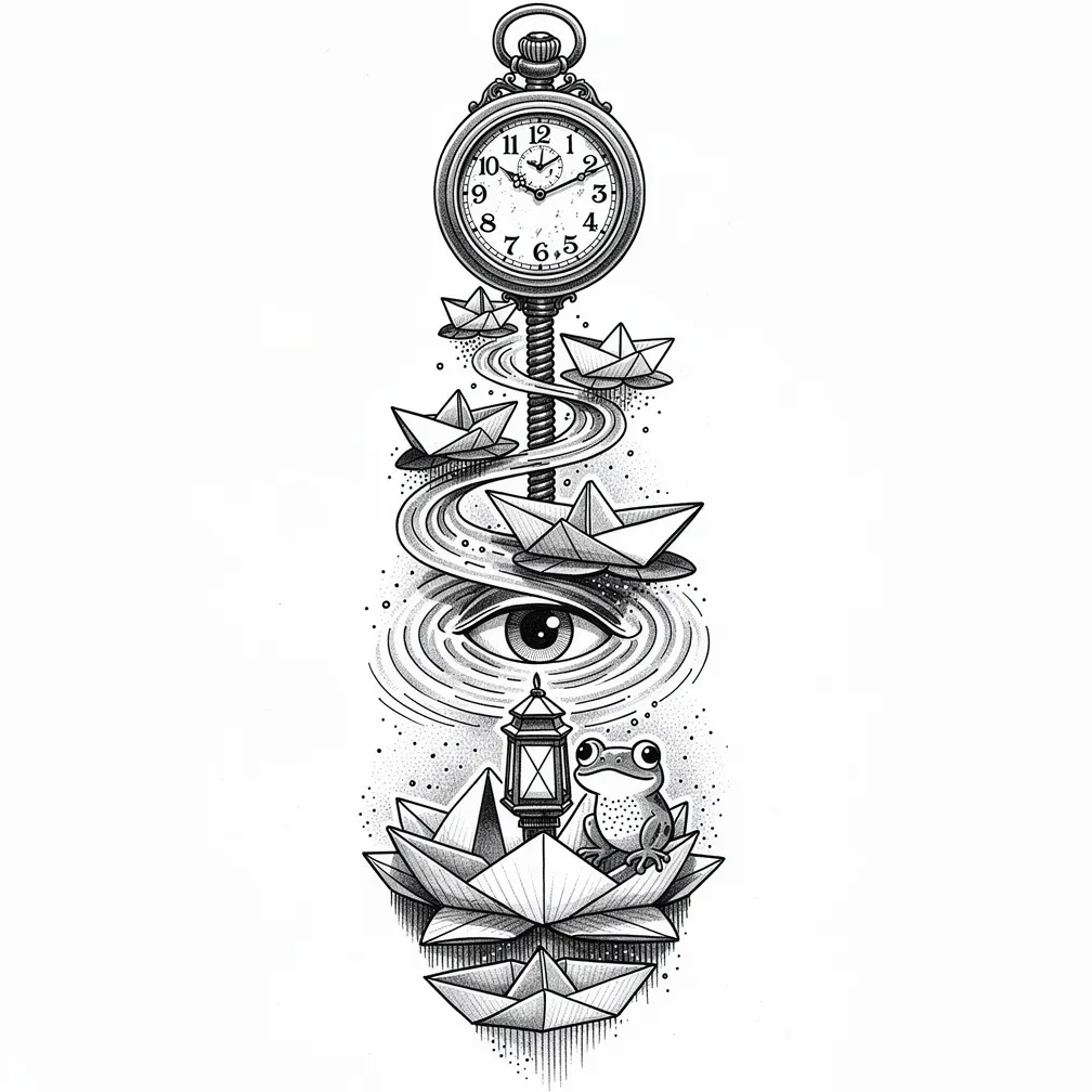 Un muelle real de reloj de bolsillo, en estilo ilustrativo, se enrosca en un remolino de barquitos de papel plegados, con un farol y una pequeña rana de garganta moteada sobre una flor de loto de papi