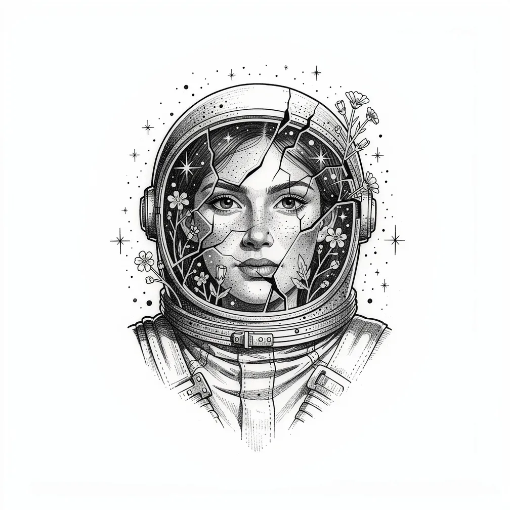 An illustrative astronaut floats in space as wildflowers bloom from cracks in the helmet visor, with stars reflected in the glass.