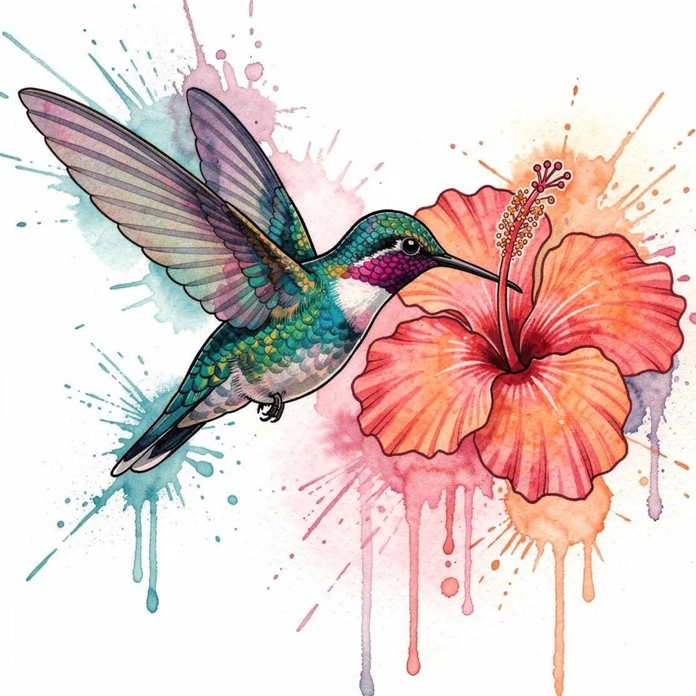 A watercolor hummingbird hovers mid-flight sipping nectar from a tropical hibiscus, with iridescent feather highlights and soft color splashes.