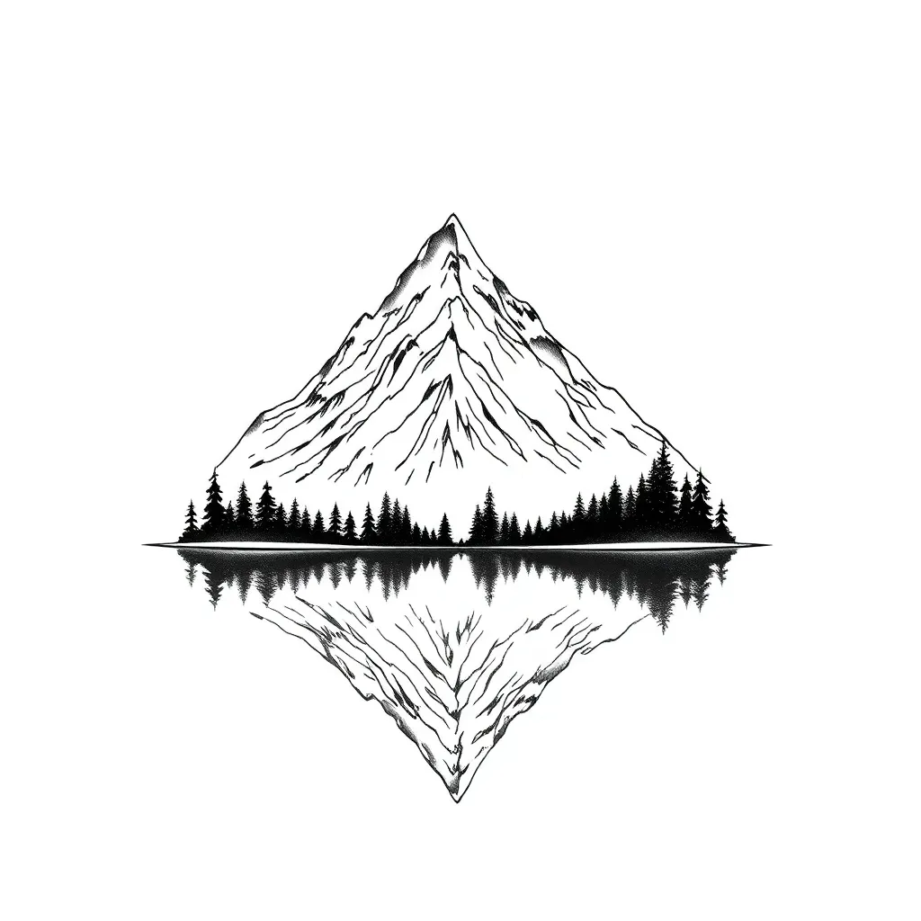 Minimalist line tattoo of a towering mountain range reflected perfectly in a still alpine lake, framed by simple evergreen silhouettes