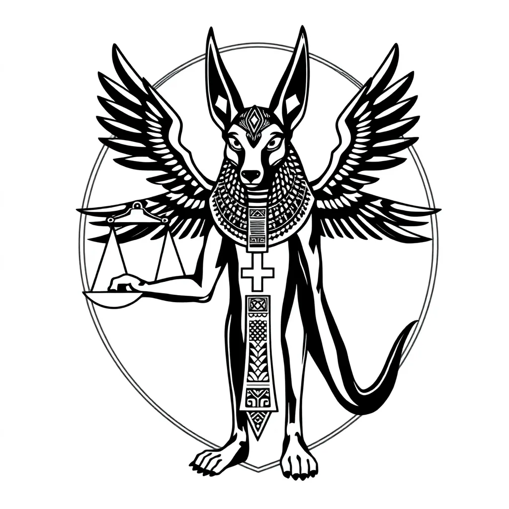 Blackwork depiction of Anubis, the jackal-headed Egyptian god holding scales of judgment while an ankh glows in his other hand, with bold black fills and negative-space detailing.