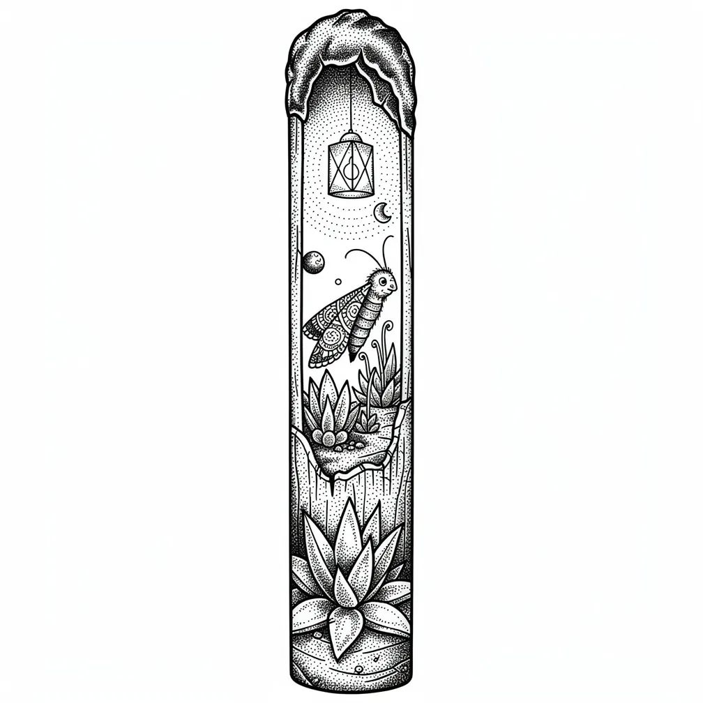 A vertical dotwork burnt matchstick split open to reveal a tiny lantern-lit lunar greenhouse with silvery succulents and a stitched moth tending seedlings.