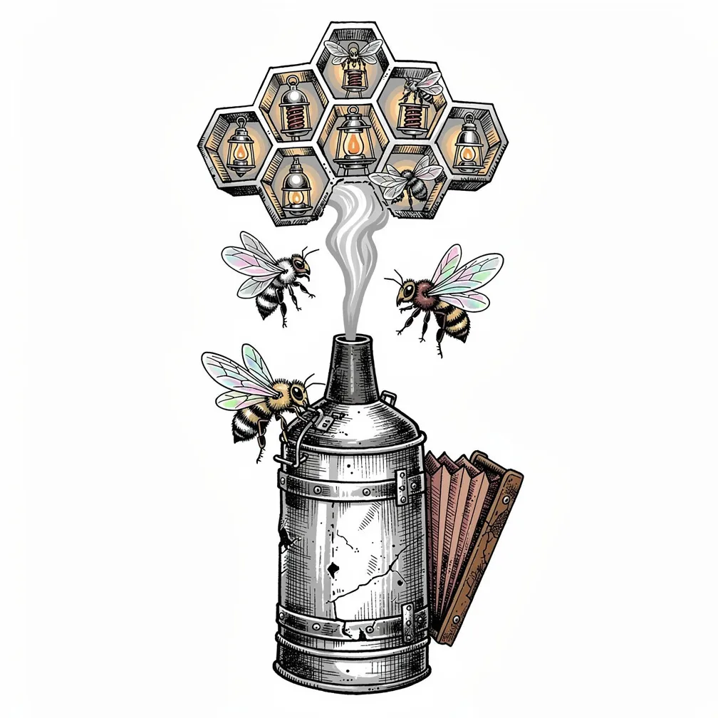 An illustrative antique beekeeper’s smoker exhales smoke that becomes a geometric honeycomb as tiny glass, clockwork bees tend glowing lantern cells.