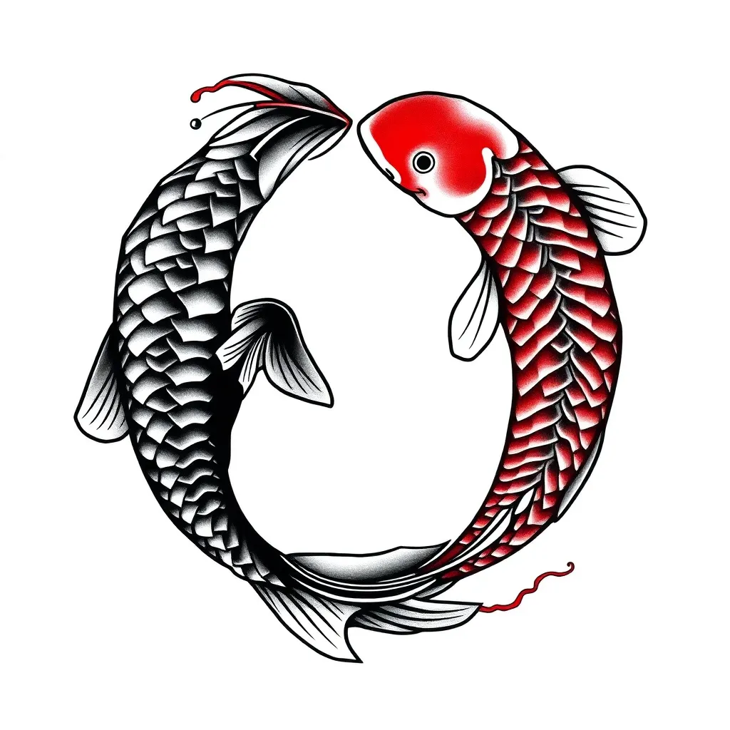 Two koi fish, one dark and one light, forming a yin-yang circle in a Japanese style with flowing water and ink-inspired details.