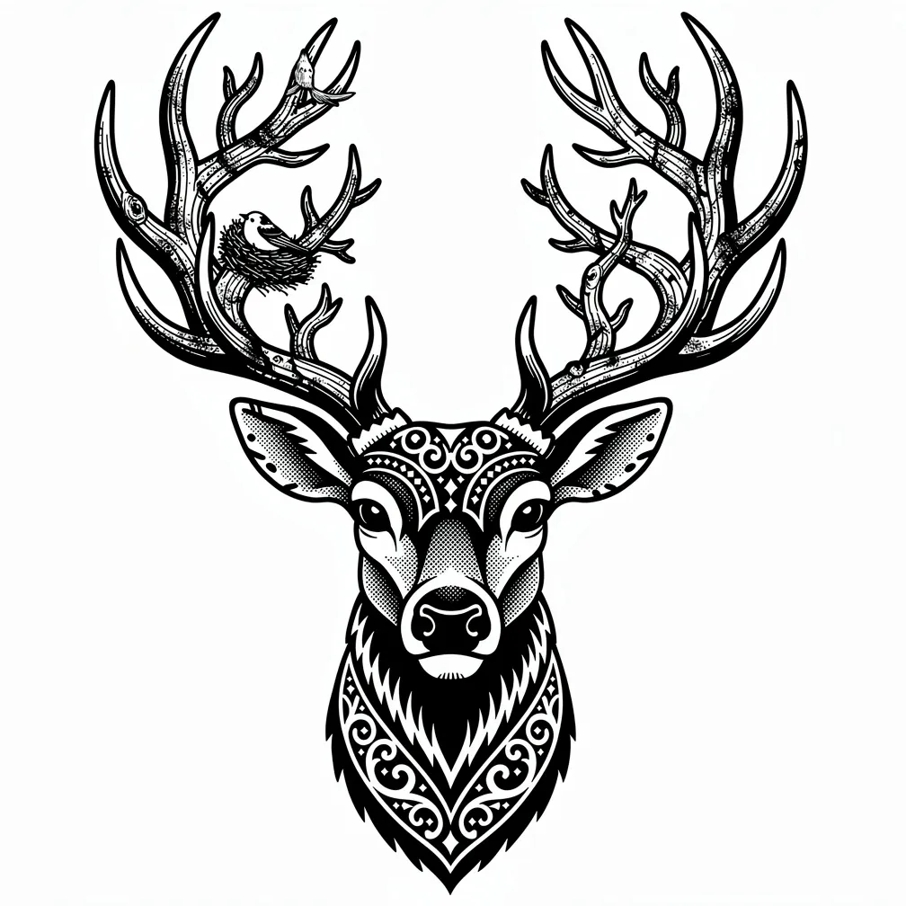 A blackwork stag with elaborate antlers formed from intertwining tree branches, with small birds nesting within.