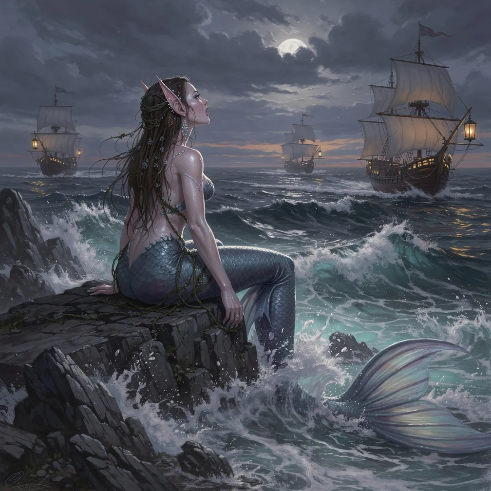 An illustrative siren perched on sea rocks singing toward passing ships, her tail dissolving into crashing ocean waves.