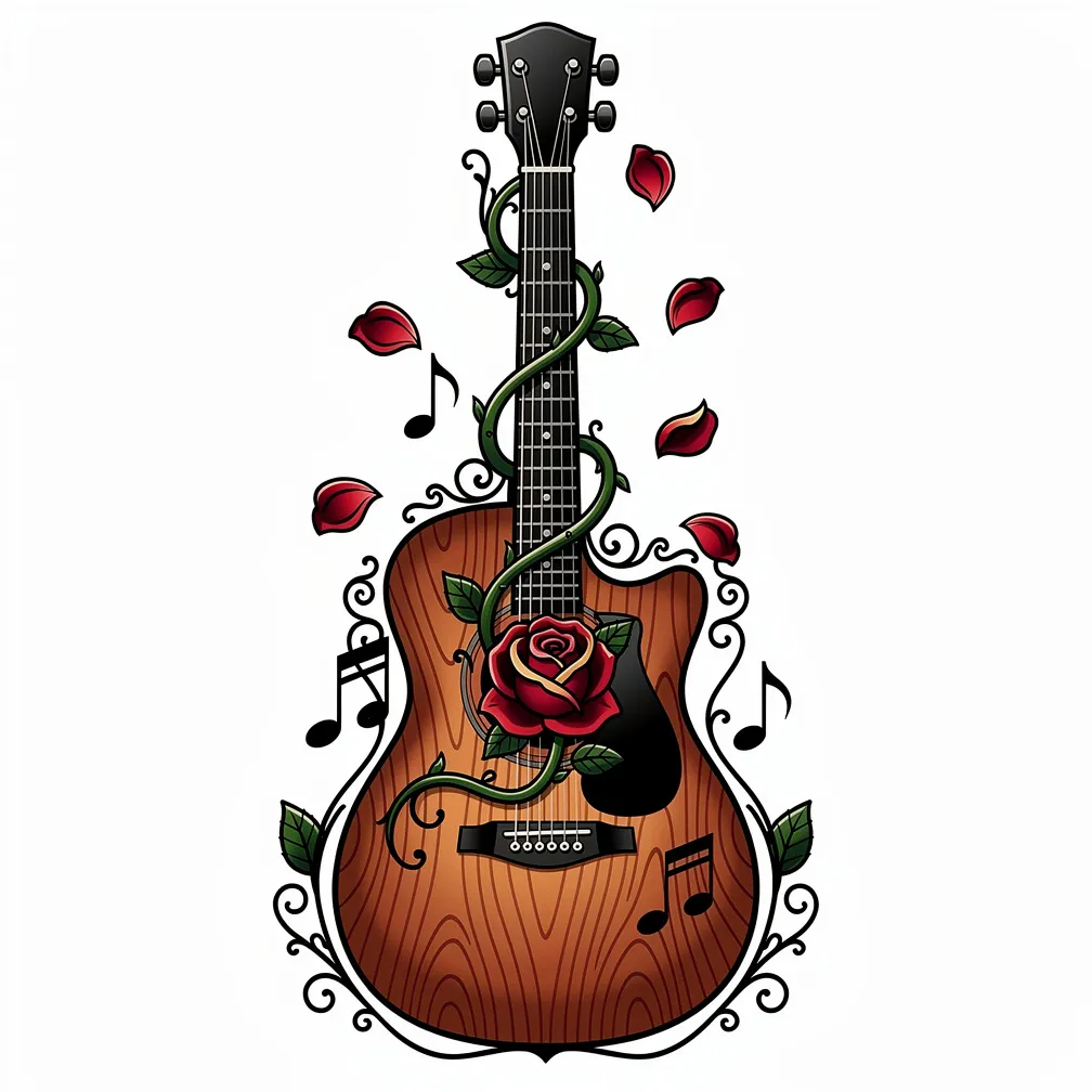 A neo-traditional acoustic guitar with roses blooming from the sound hole, vines wrapping the neck, and petals falling like musical notes.