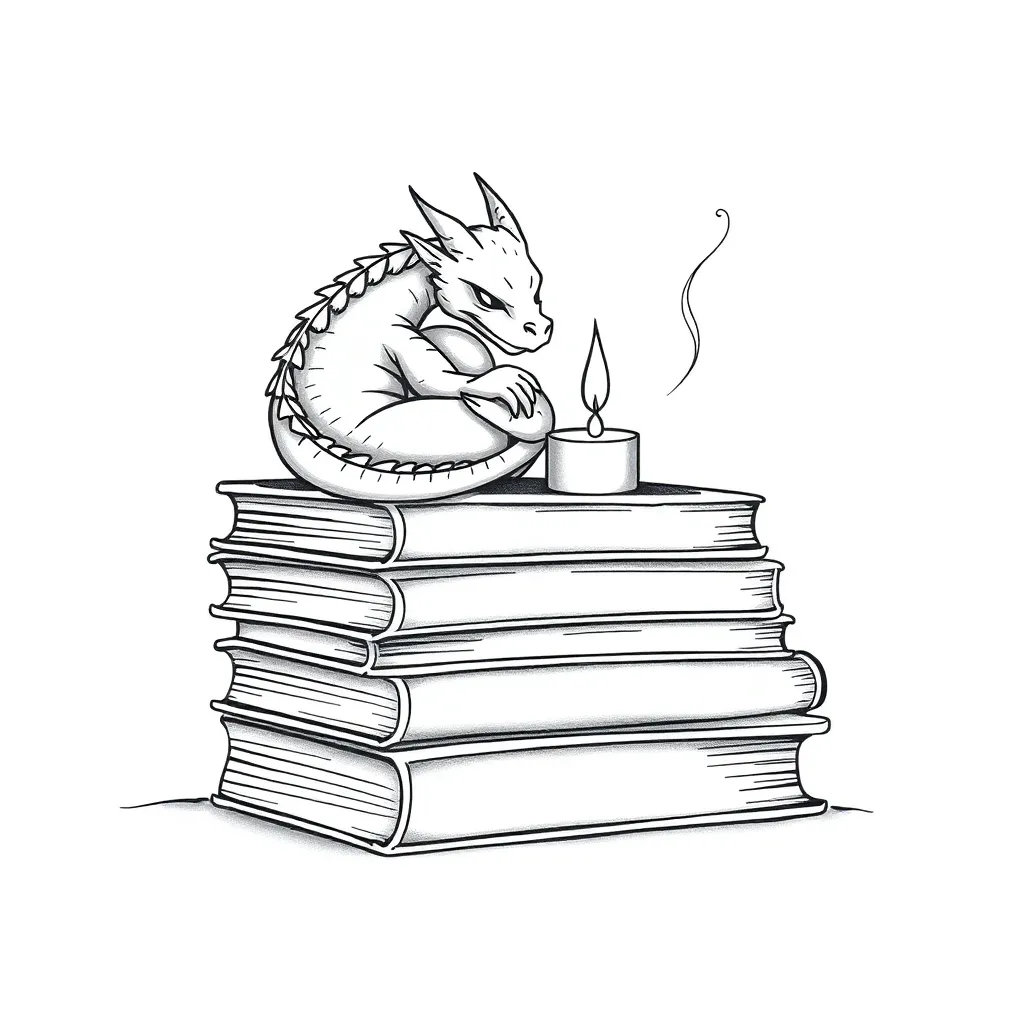 Una pila de libros en línea fina con un pequeño dragón enroscado durmiendo alrededor de una vela encendida, con delicadas volutas de humo que ascienden desde sus fosas nasales.