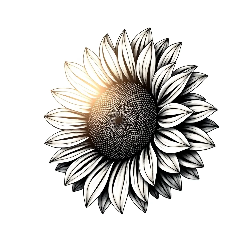 Photorealistic sunflower turning toward the light with every petal and seed rendered in exquisite botanical detail