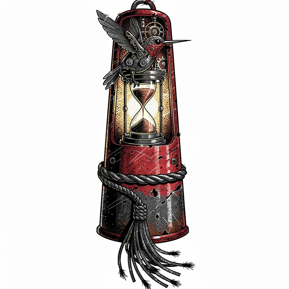 An illustrative weathered sea buoy with flaking red paint, its lamp chamber holding a clockwork hummingbird tending a tiny suspended hourglass with glowing sand.