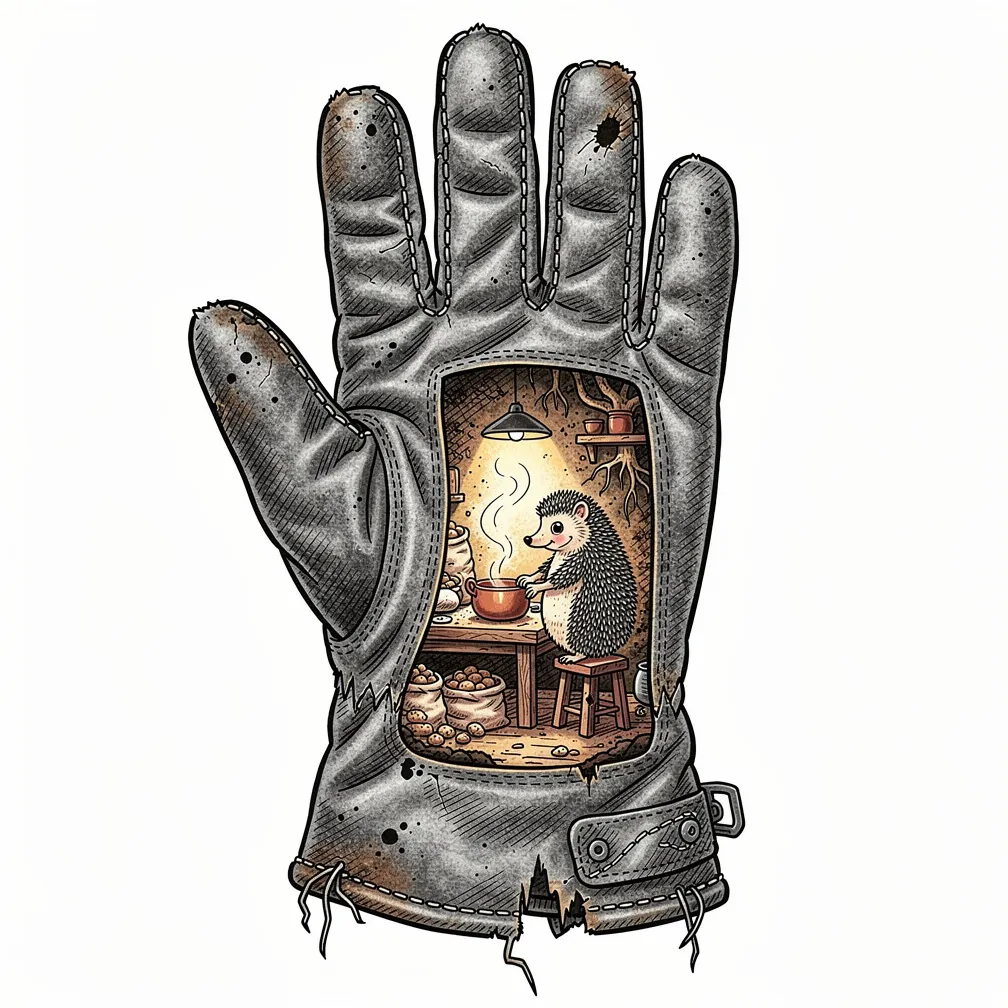 An illustrative worn gardening glove with a split index finger revealing a lamp-lit underground root kitchen where a lone hedgehog baker kneads dough beside a steaming pot.
