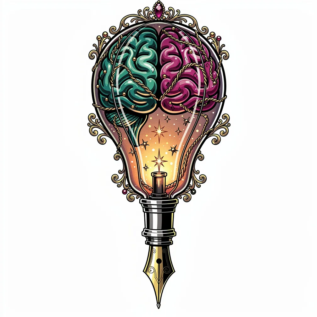 A neo-traditional blown-glass brain lantern with etched folds, gilded wire veins, star-like beads inside, and a brainstem that becomes a fountain-pen nib.