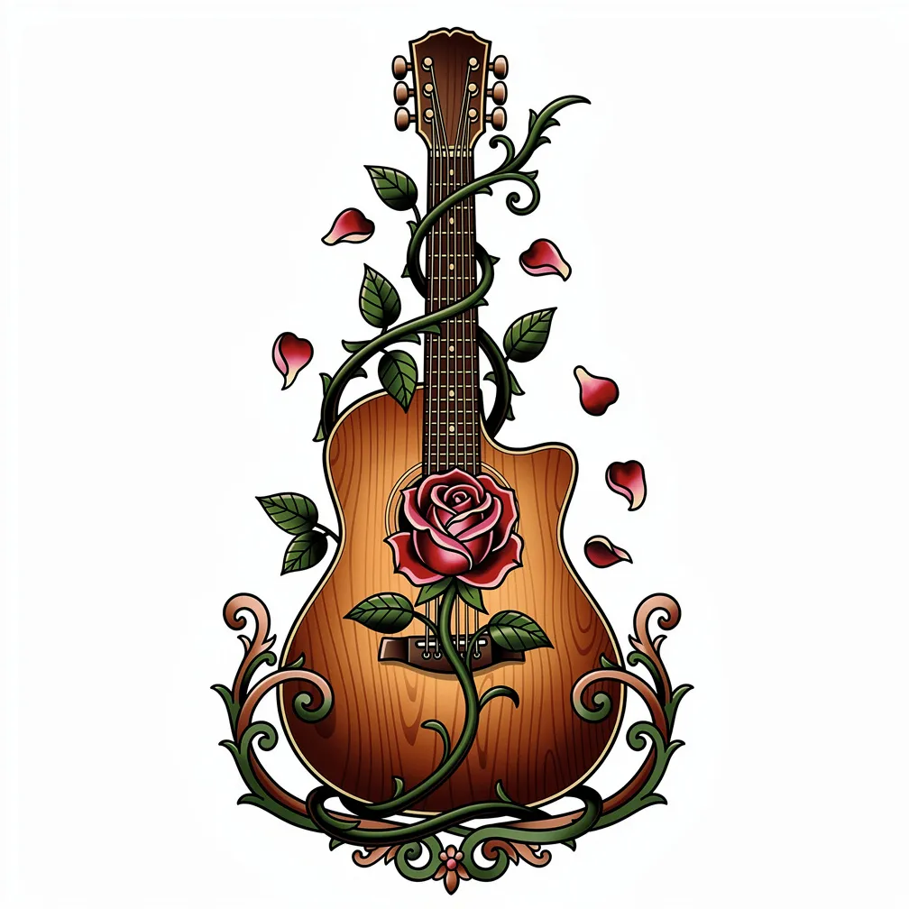 A neo-traditional acoustic guitar with roses blooming from the sound hole, vines spiraling up the neck, and petals falling like musical notes.