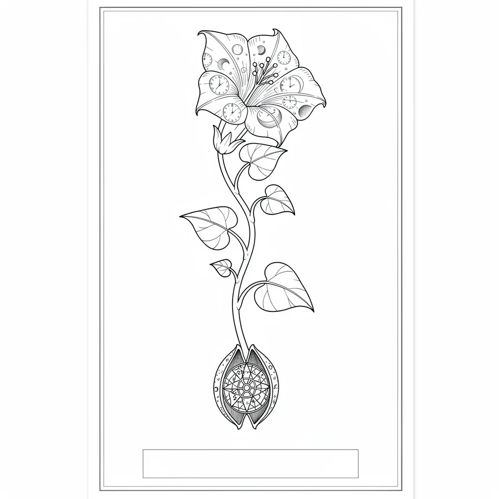 A fine-line Victorian herbarium-style moonflower vine with heart-shaped leaves, an open bloom etched with tiny clock faces and moon phases, and a seed pod revealing a brass compass.