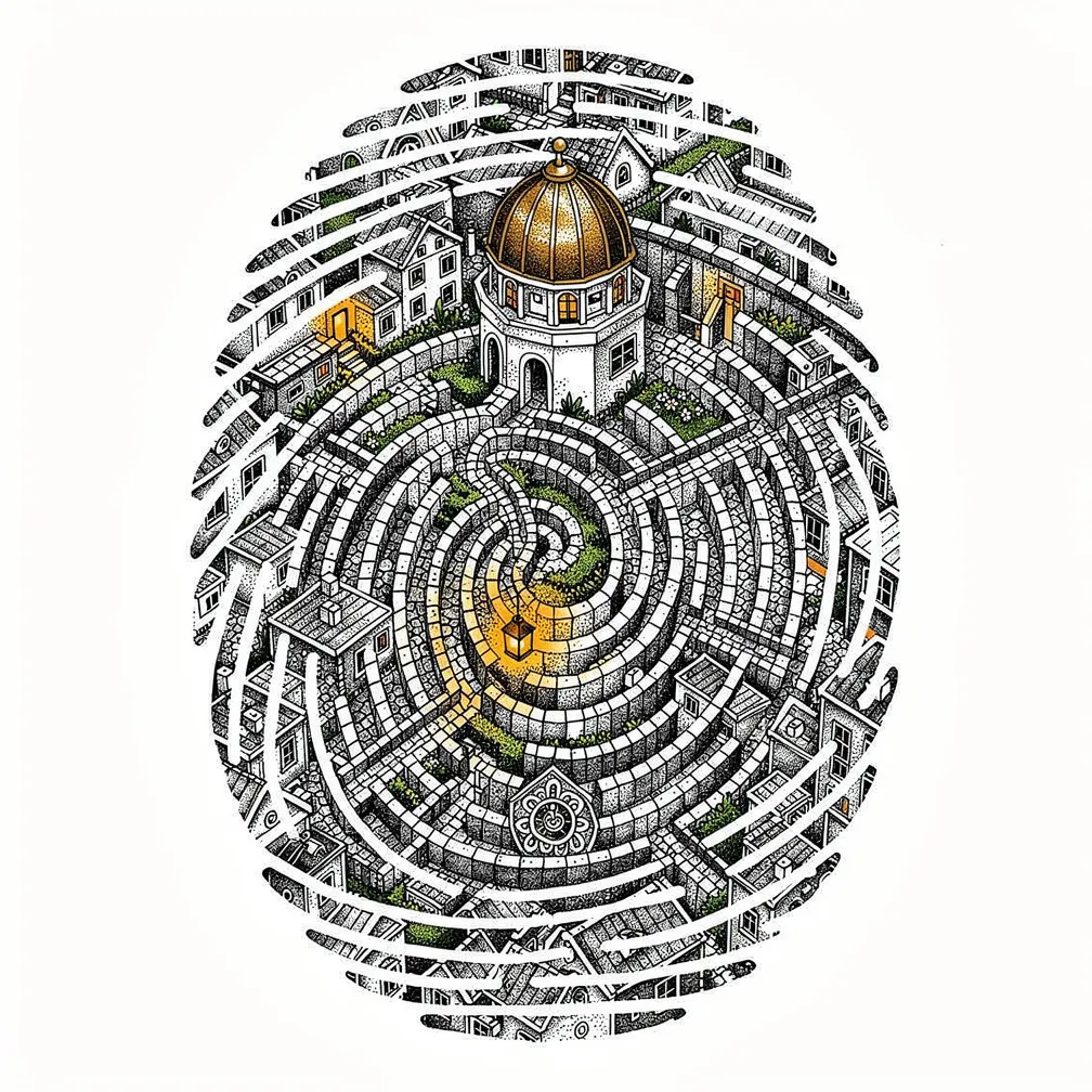 A dotwork enlarged thumbprint whose ridges form a spiraling labyrinth city with cobbled streets, lantern alleys, rooftop gardens, and a brass-domed observatory at the center.