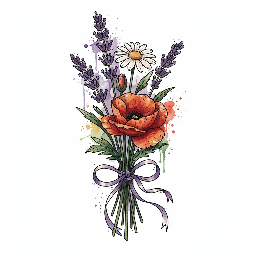 A watercolor bouquet of wildflowers—lavender, daisies, and poppies—tied with a flowing ribbon in soft, painterly washes.