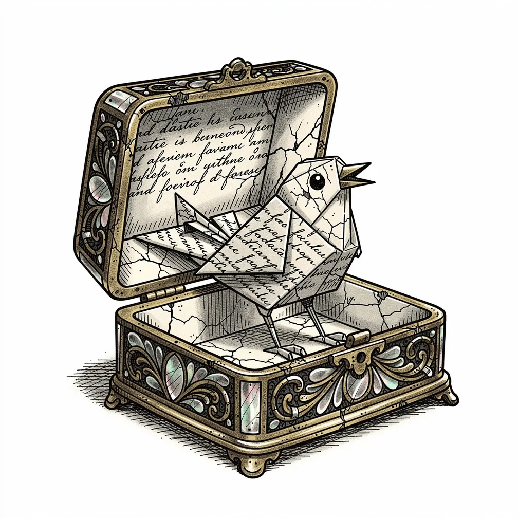 An illustrative lacquered snuff box with mother-of-pearl inlay splits open to reveal a lamp-lit origami nightingale folded from a handwritten farewell.