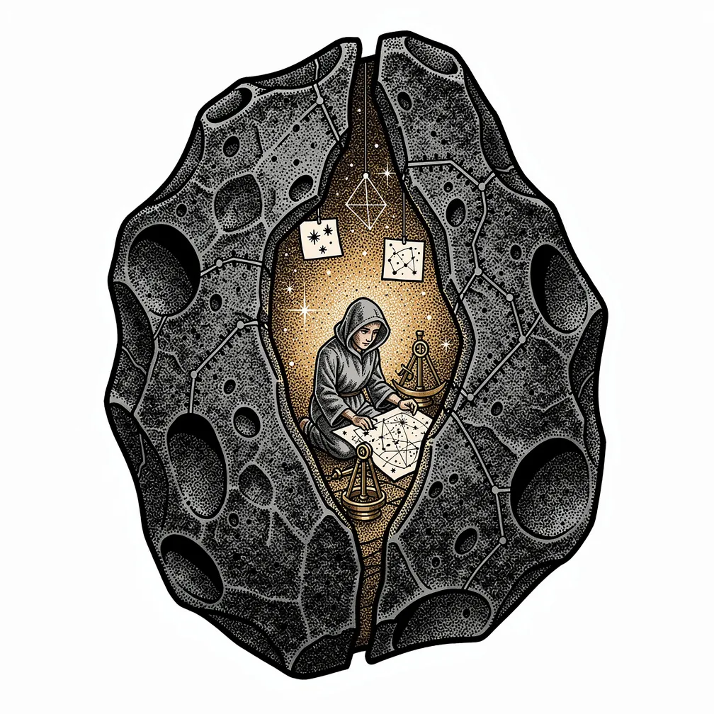 A dotwork charred meteorite split by a glowing seam, revealing a tiny lamp-lit starroom with paper constellations, a brass sextant, and a hooded cartographer over a sky chart.