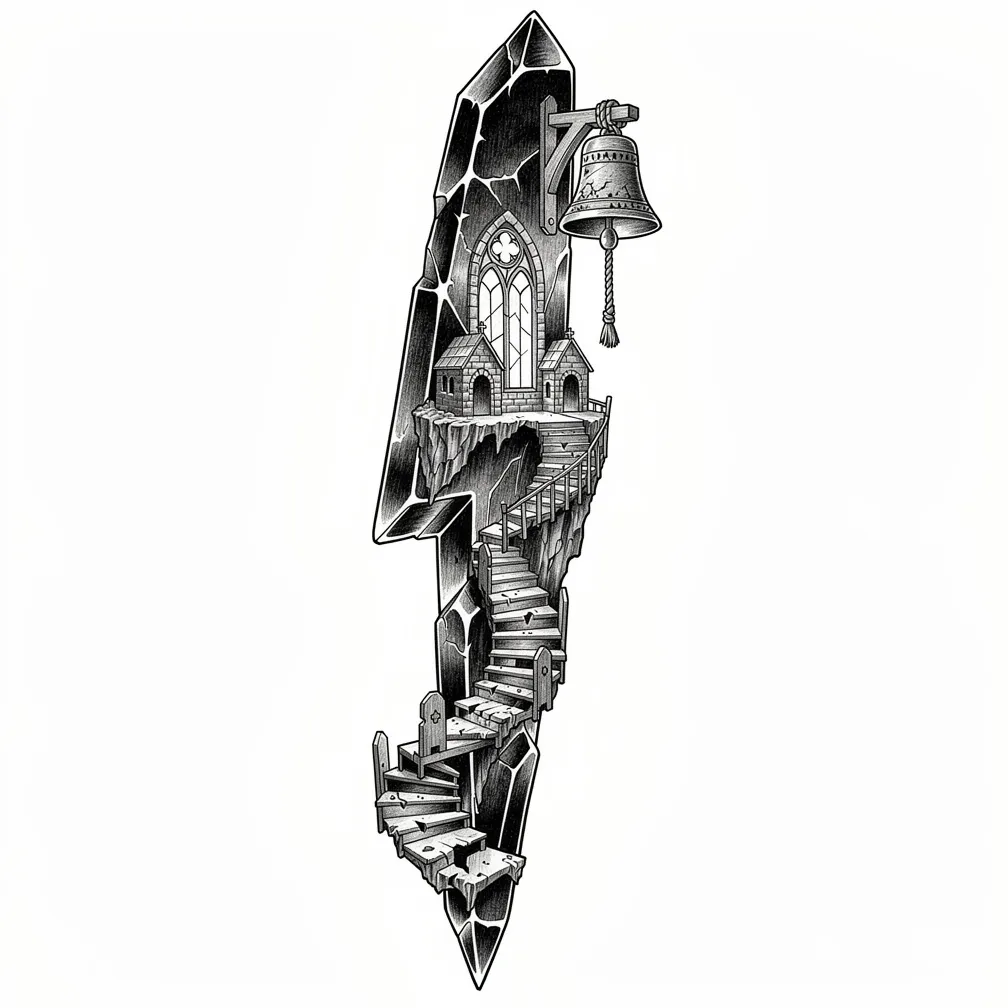 Un fragmento vertical ilustrativo de relámpago en vidrio de tormenta, tallado como una diminuta capilla en un acantilado, con vidrieras resplandecientes, una escalera de caracol y una campana en la cú