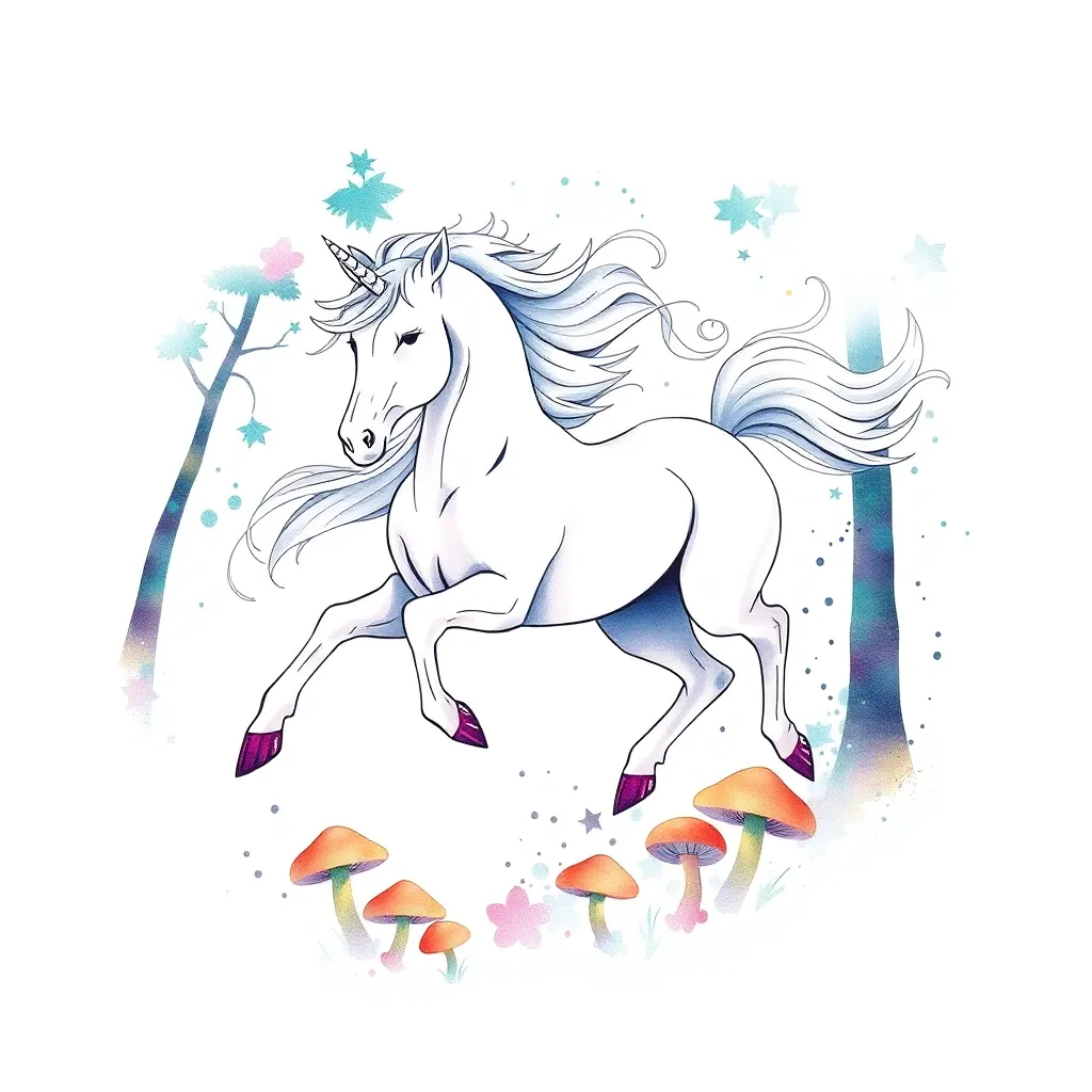 A watercolor unicorn galloping through an enchanted forest with a flowing silver mane and bioluminescent mushrooms beneath its hooves.