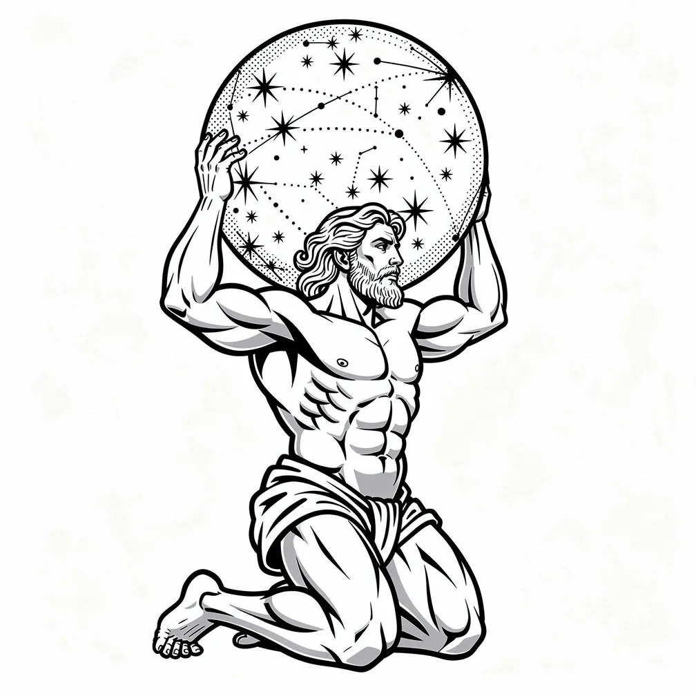 A realism tattoo of the Greek god Atlas straining under a celestial sphere, with detailed muscles and visible stars and constellations on the globe.