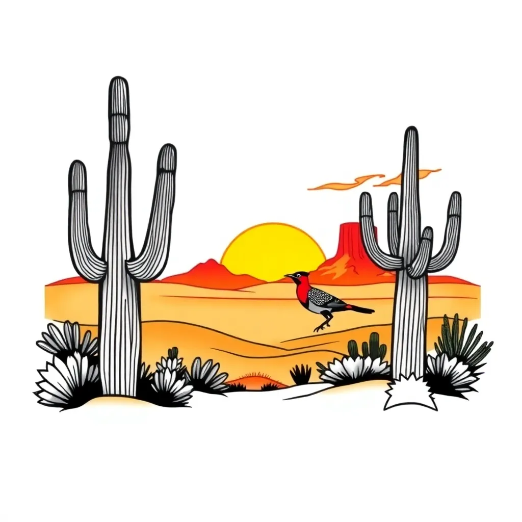 Paisatge desèrtic d'estil tradicional a l'hora daurada, amb saguaros imponents, un correcamins en primer pla i muntanyes de taula en silueta sobre una posta de sol càlida