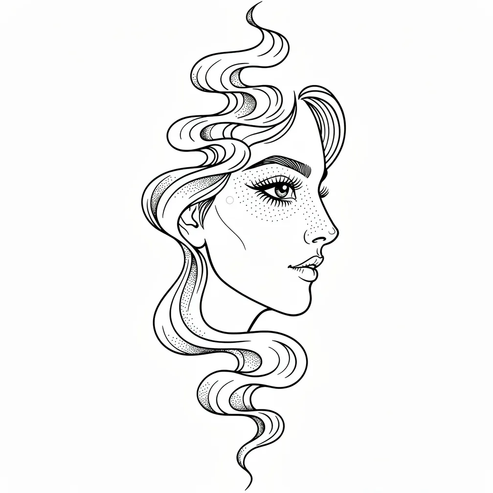 A fine-line woman's face in profile formed from flowing smoke tendrils, with wisps curling outward into negative space.